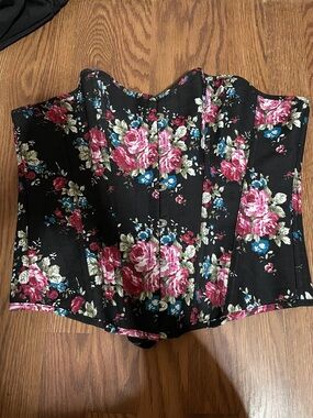Floral Black Corset Top with Pink Rose Print